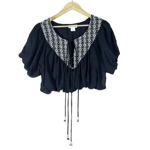 Life Embroidered Geometric Peasant Crop Top Black Boho Puff Sleeve Size L